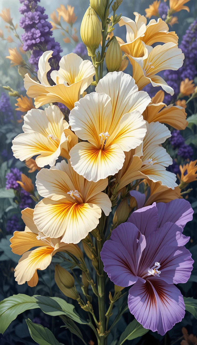 Graphic flyer with vector illustration of colorful freesias