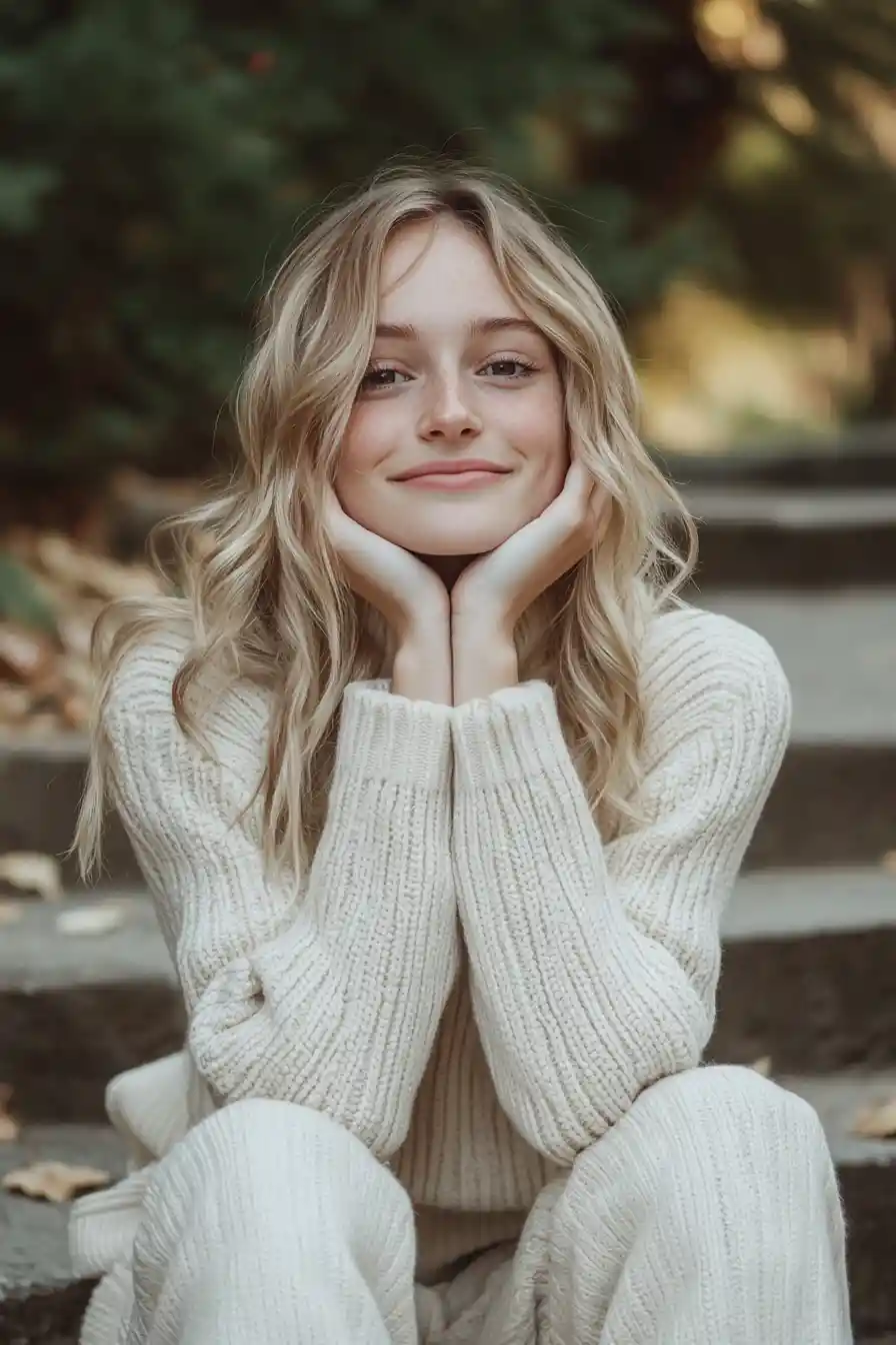 Smiling young woman sitting on stone steps outdoors