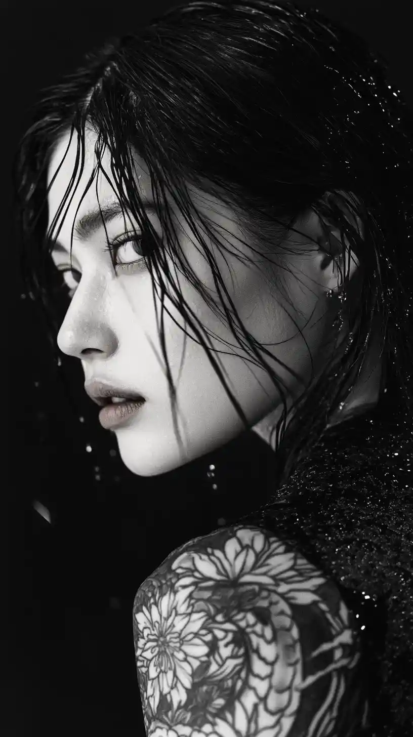 용 문신이 있는 동아시아 여성의 모노크롬 초상