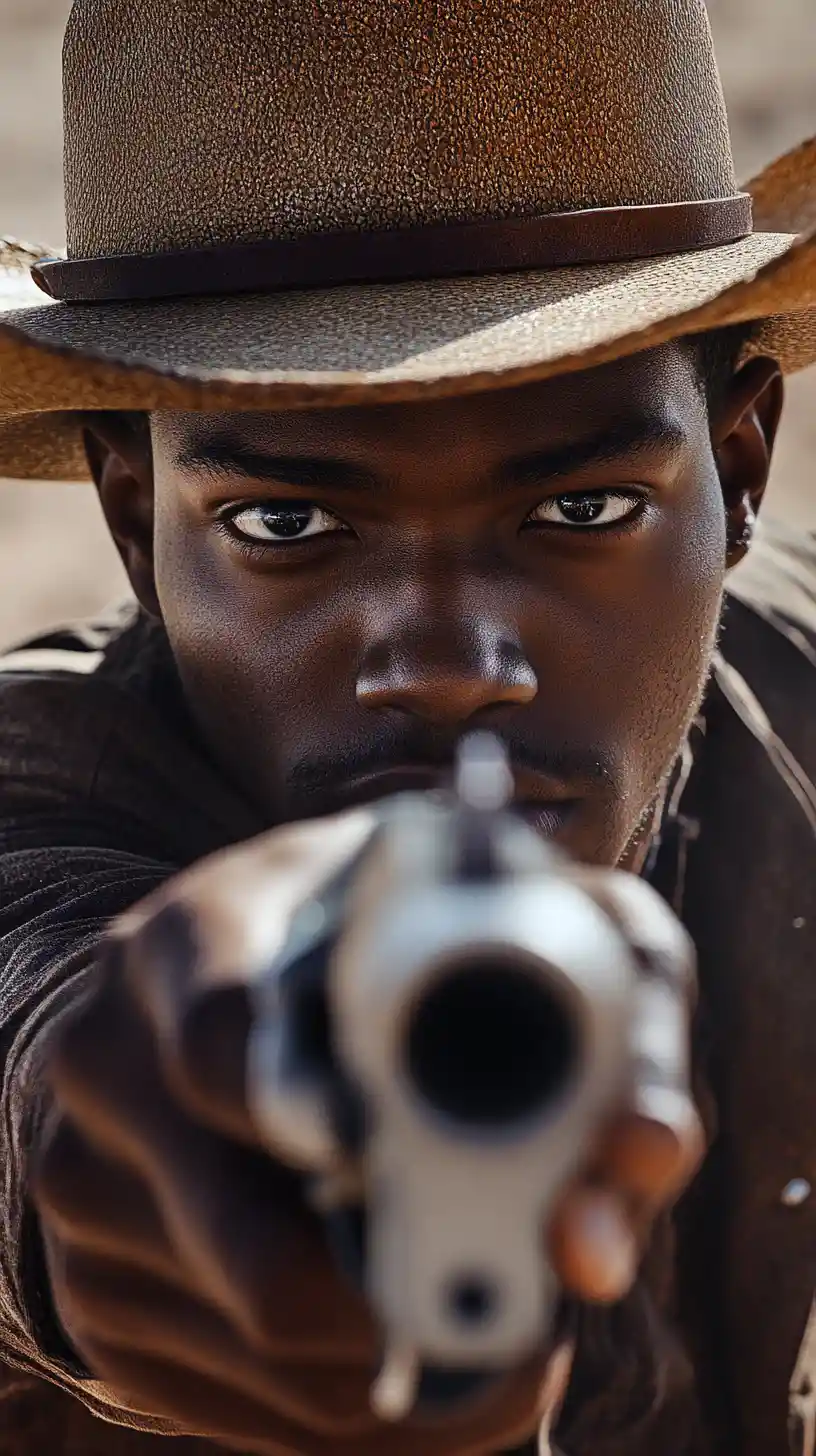 Vaquero afrofuturista apuntando con un revólver a la cámara en el desierto
