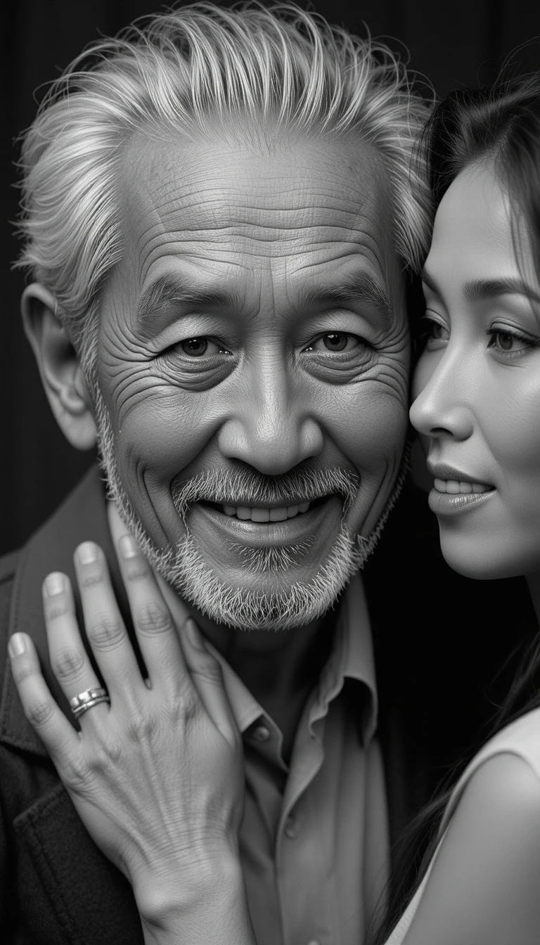 Joyful elderly asian man embraced by a loving partner