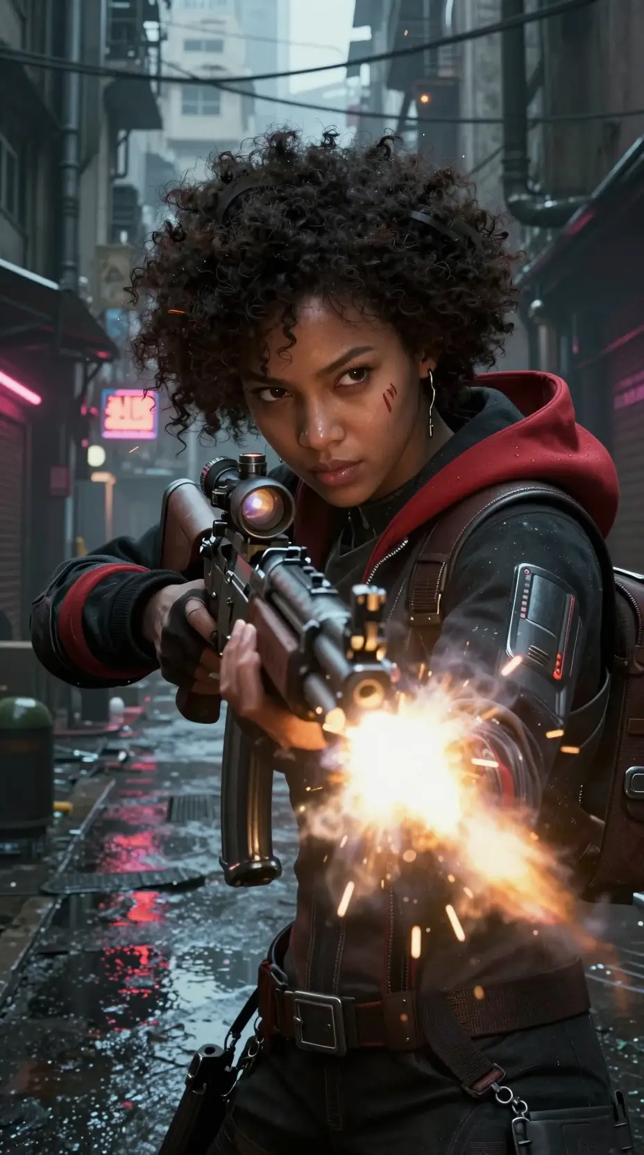 Afrofuturistic woman firing rifle in neon city alley