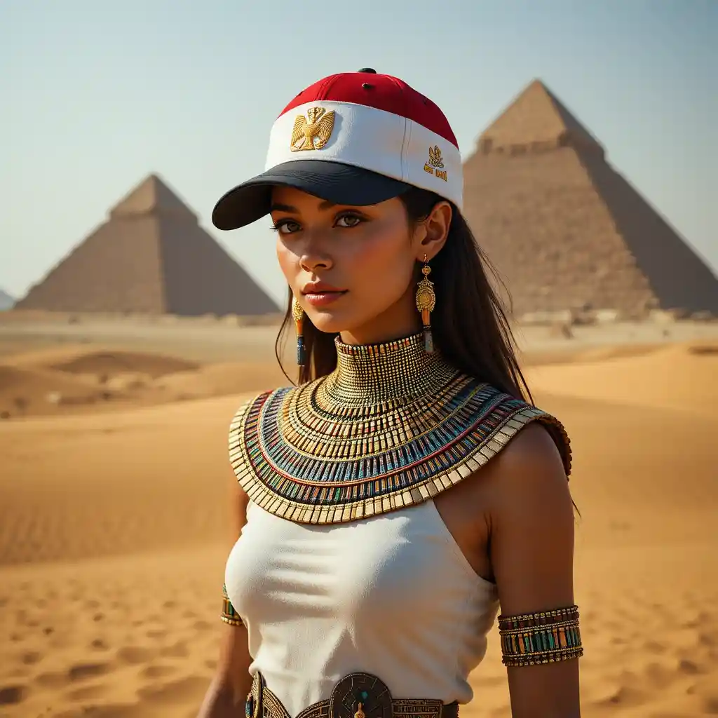 Modern woman in desert with pyramids and egyptian flag cap
