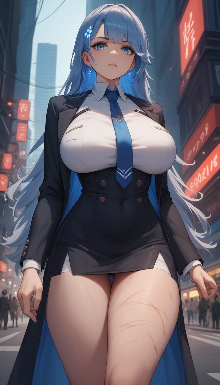 Japanese woman in tie and suit standing in public space