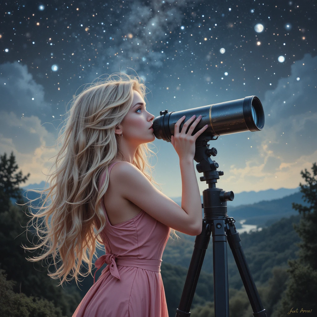 Blonde woman in pink dress stargazing through a telescope