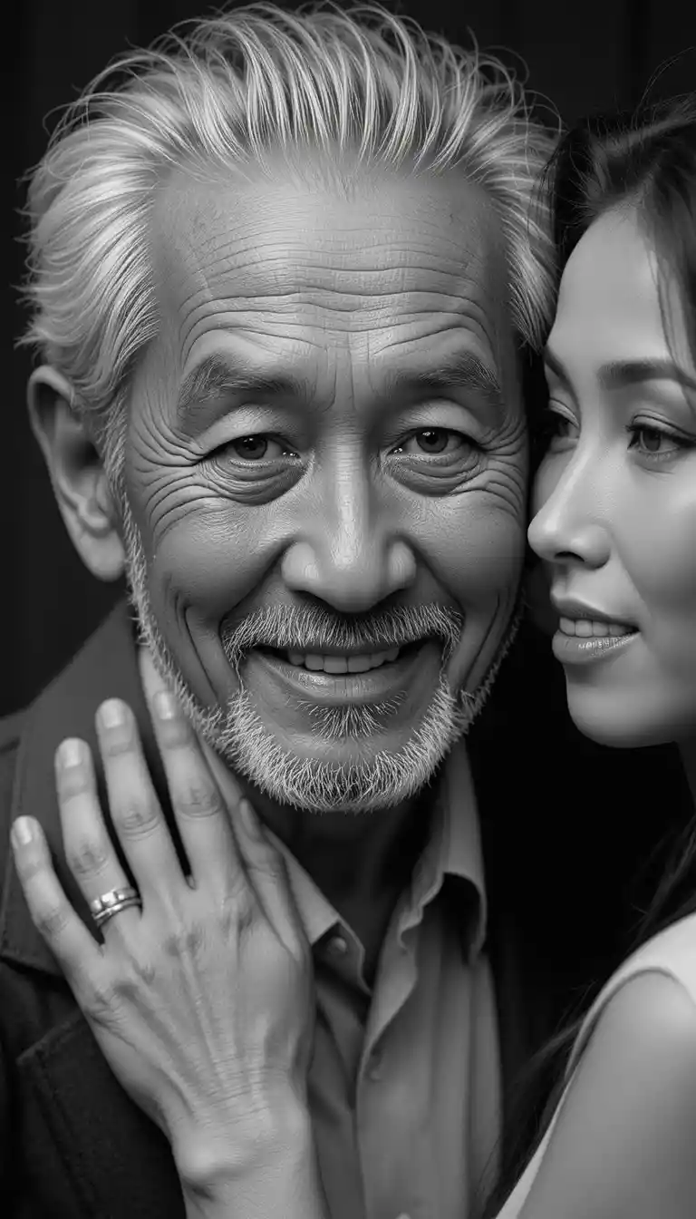 Joyful elderly asian man embraced by a loving partner
