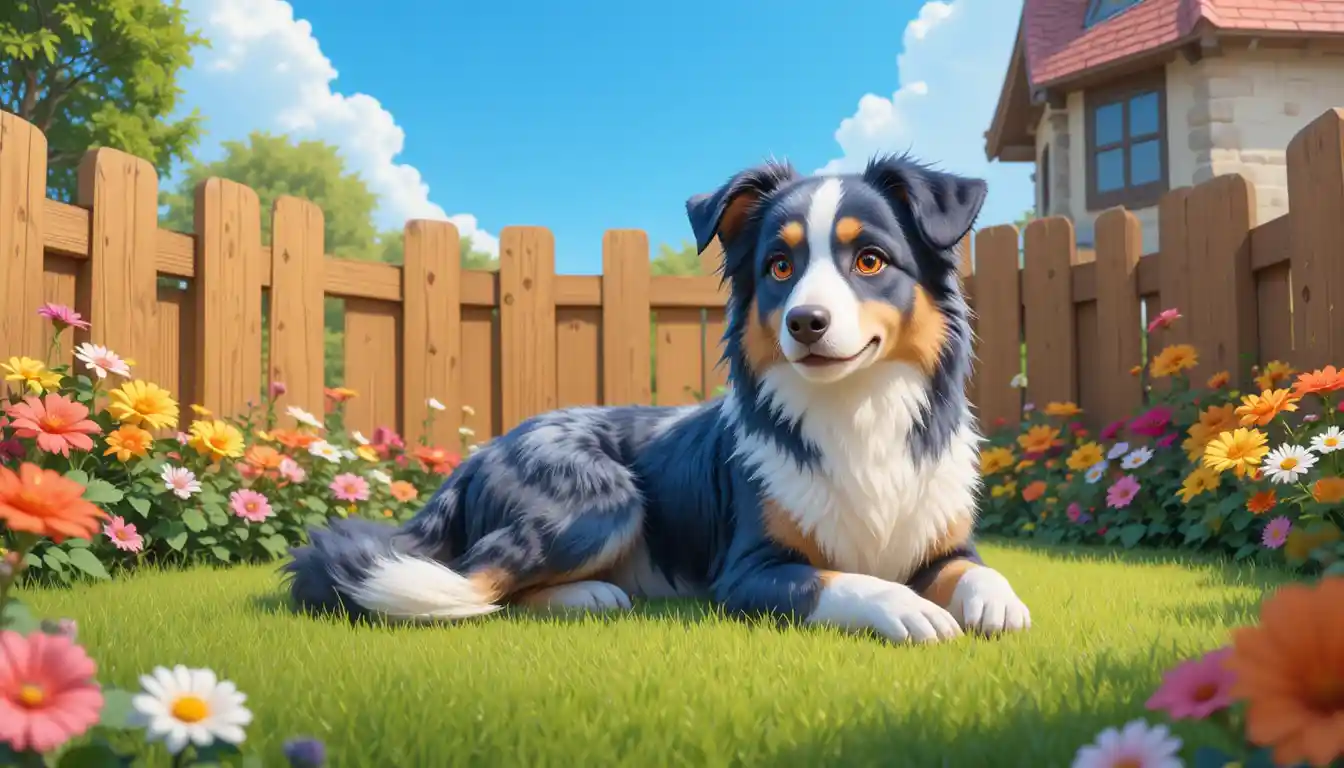 Blue merle shepherd resting in a colorful fenced yard