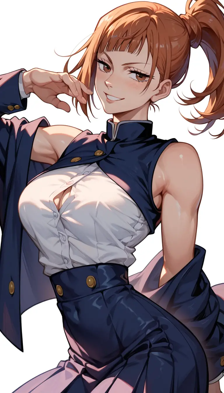 Flirty anime schoolgirl with curves in dynamic pose