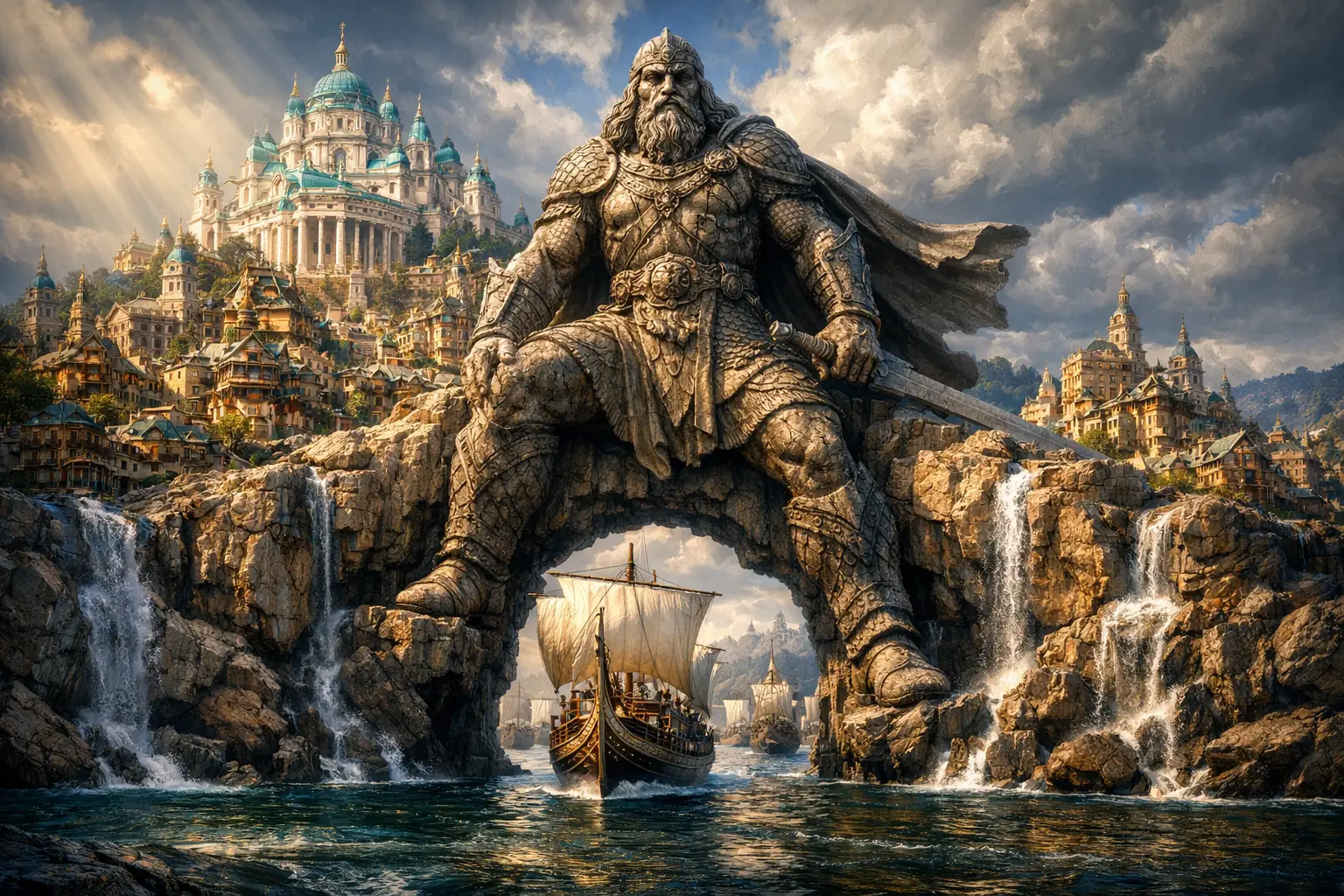 Majestic fantasy harbor city with colossal warrior statue