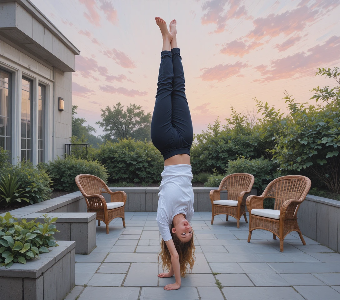 Young woman doing a handstand on a quiet stone patio
