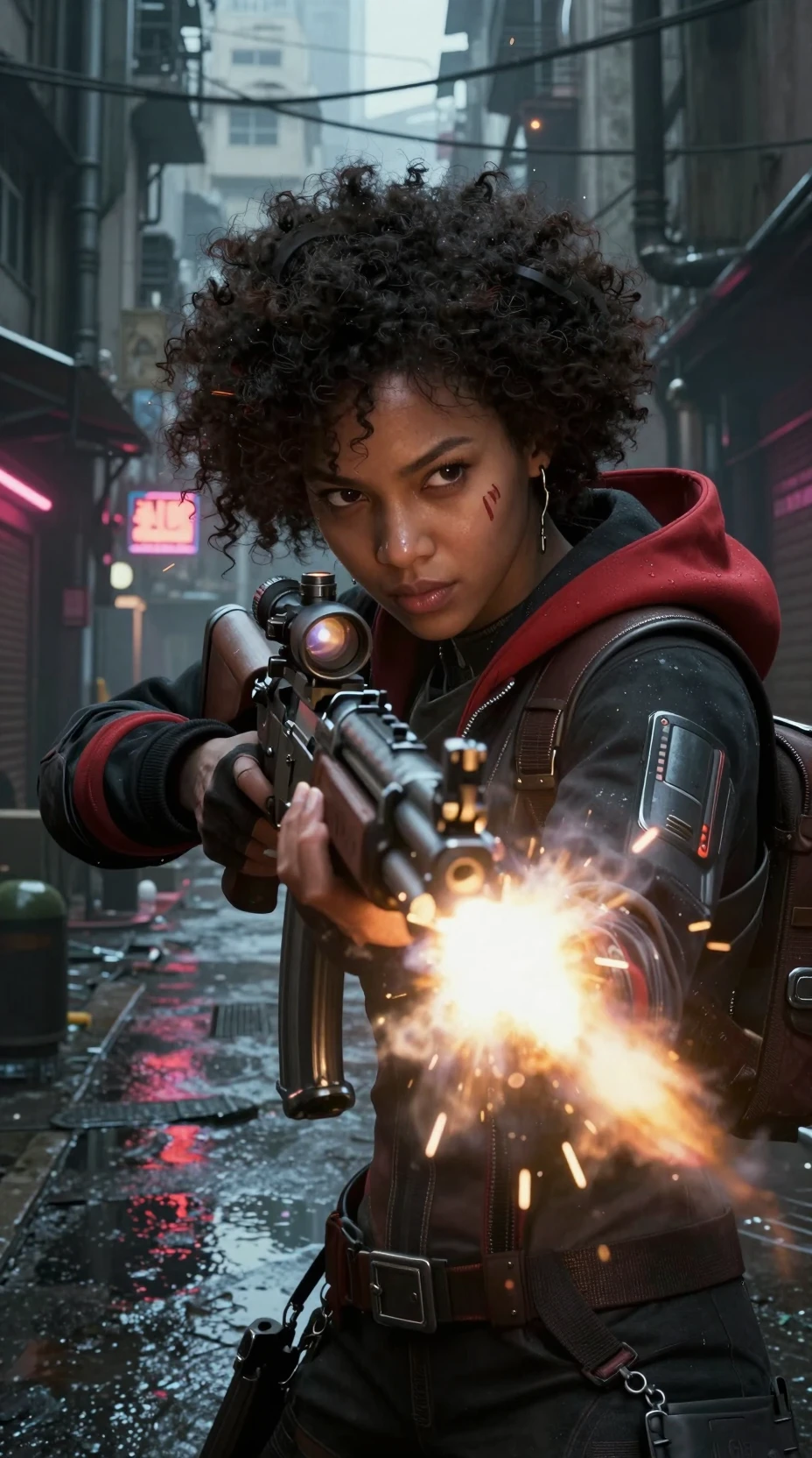 Mujer afrofuturista disparando un rifle en un callejón de ciudad neón