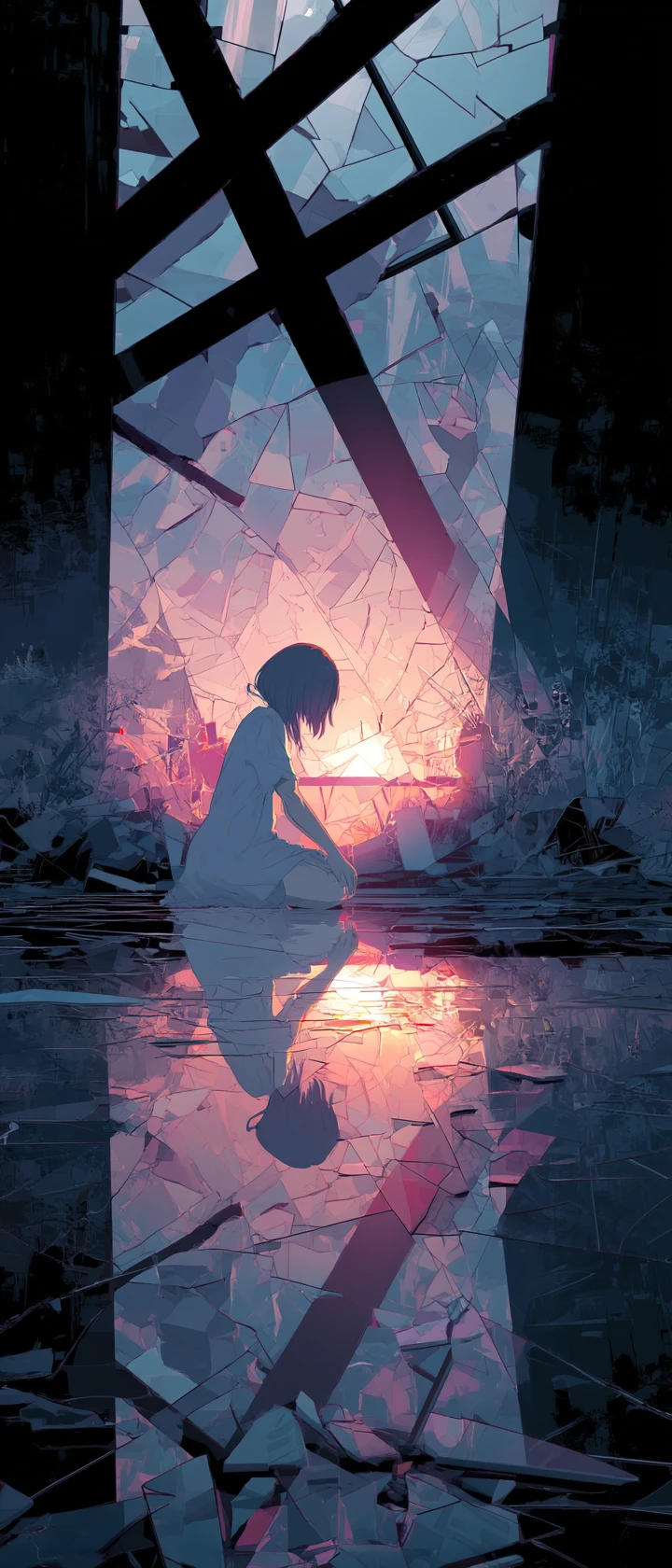 Ghostly woman kneeling before a shattered high rise mirror