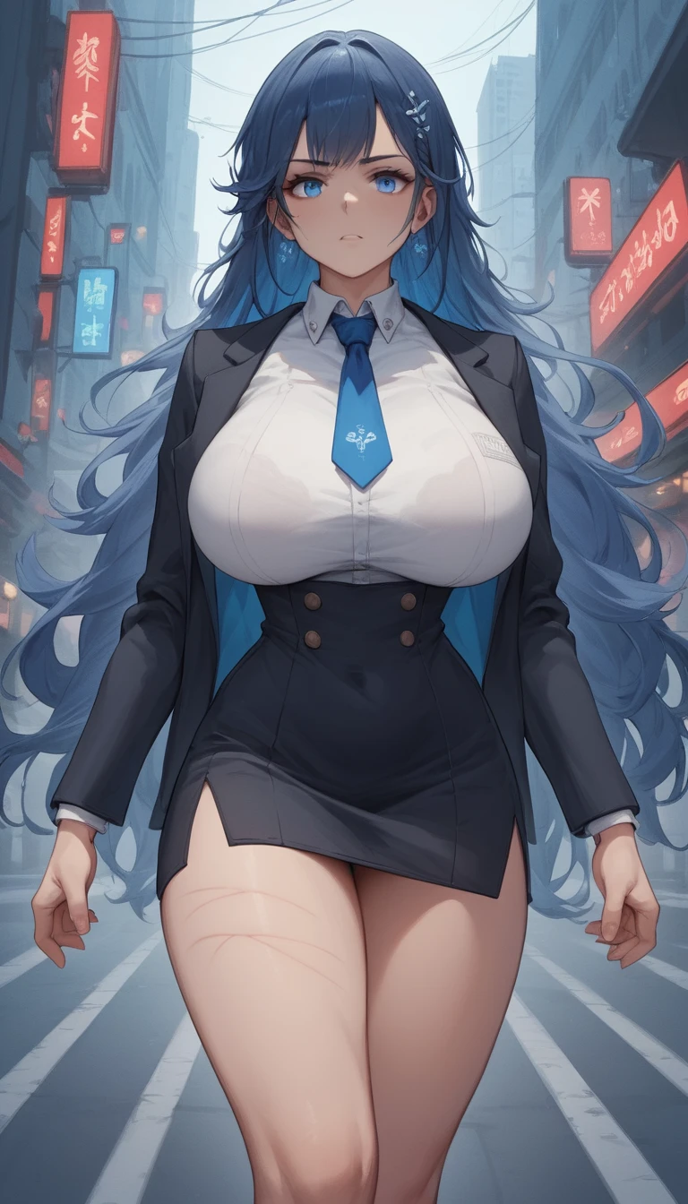 Young anime woman in suit posing in public space