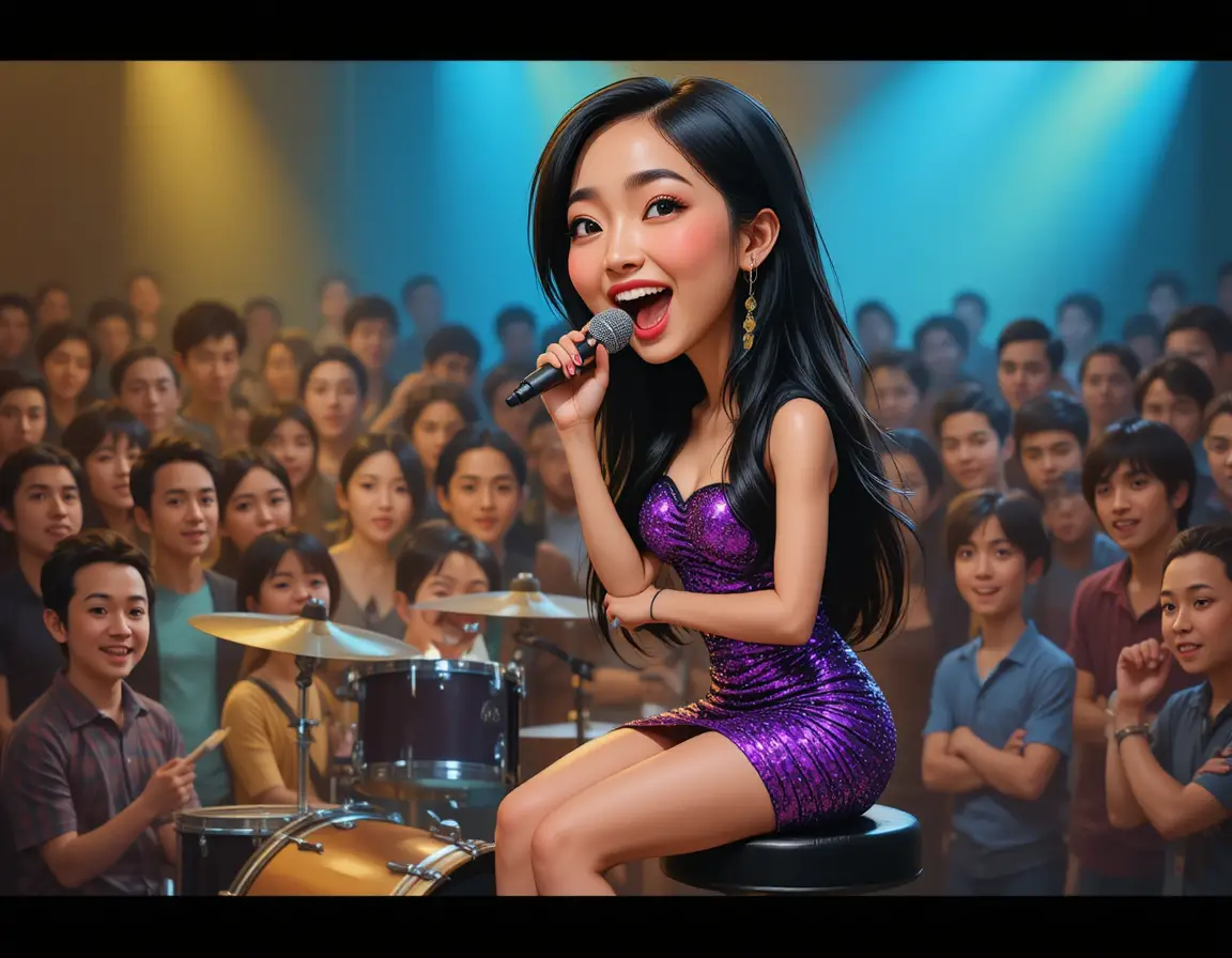 Chanteuse asiatique en robe violette scintillante sur scène