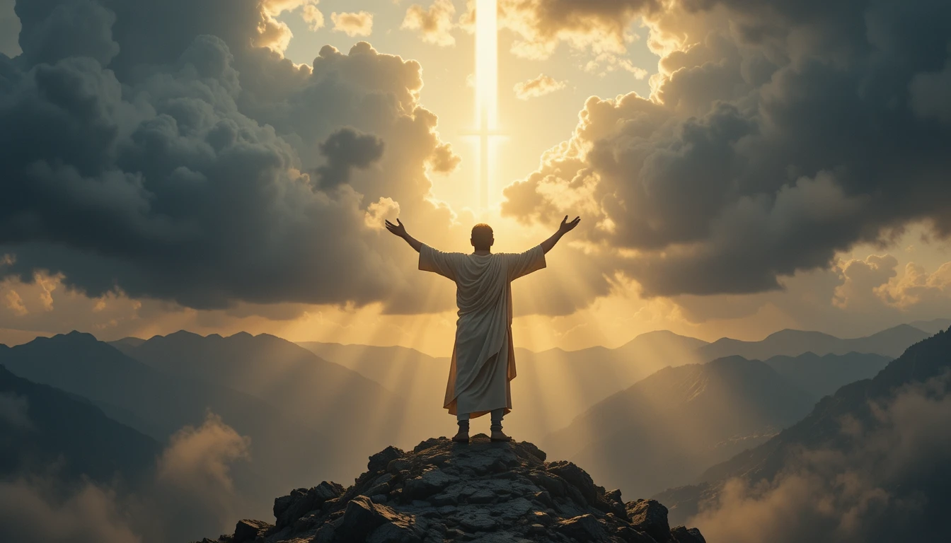 Hombre cristiano en la cima de una montaña iluminado por luz divina