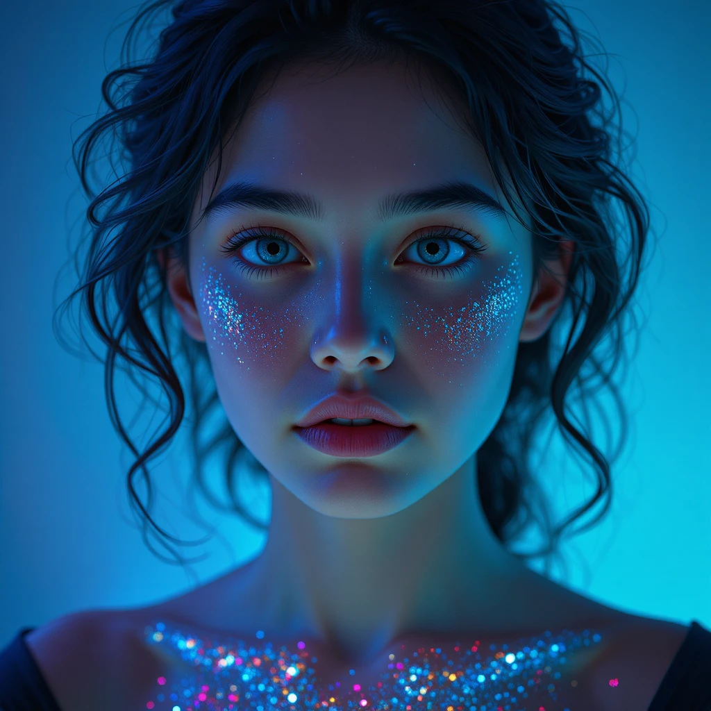 Young woman with glowing glitter in a dreamy close up