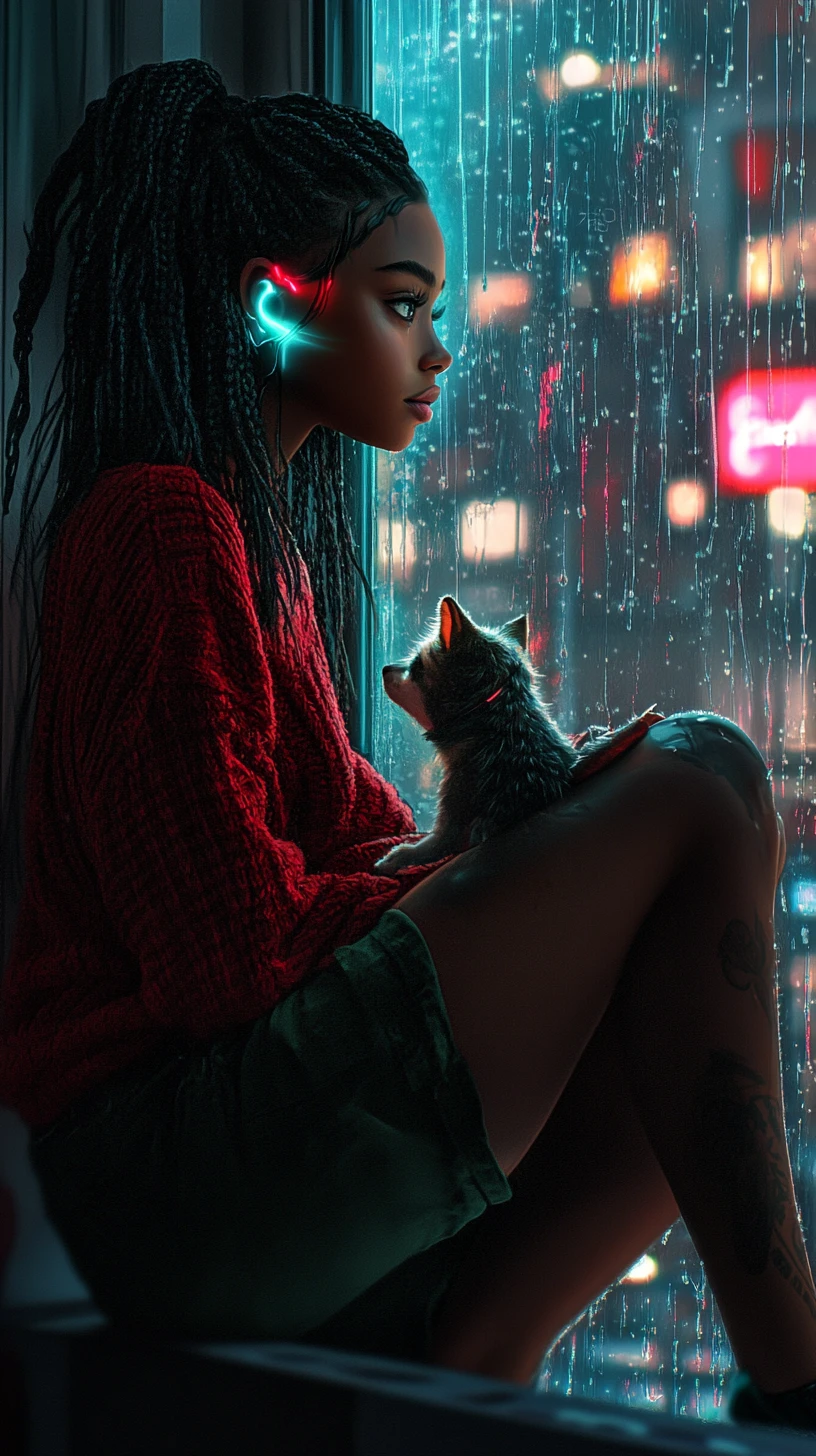 Afrofuturistic anime woman at night on a rainy window seat