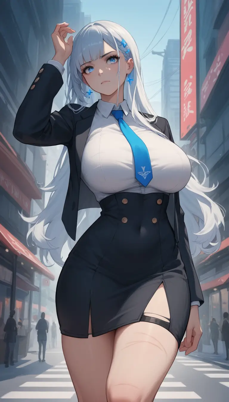 Anime woman in small white shirt standing in public space