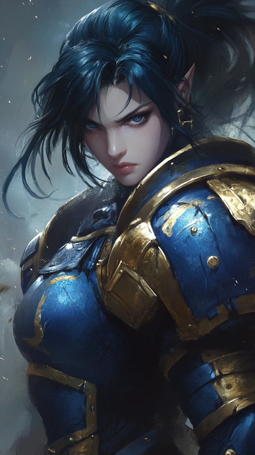 Guerrière d’anime balafrée en armure de fantasy bleue en gros plan