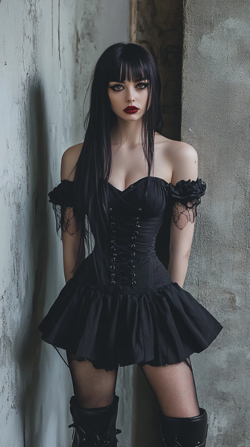Gothic fashion woman in black dress in urban alley