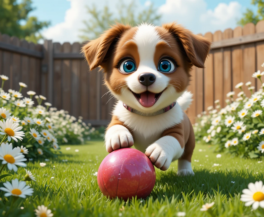 裏庭でボールを追いかける遊び好きな青い目の子犬