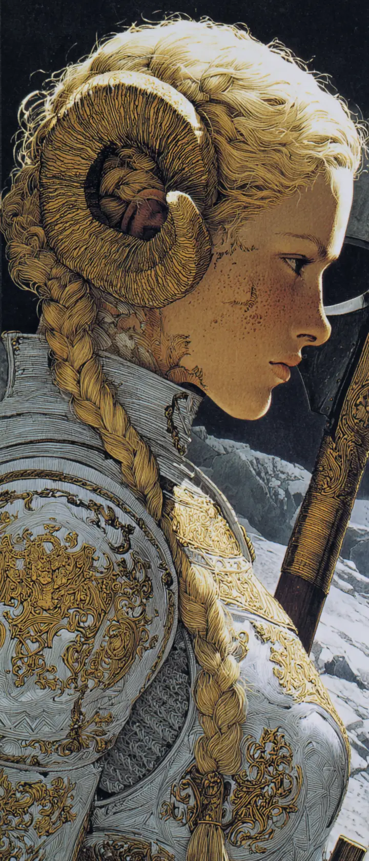 Platinum haired horned warrior in ornate white armor
