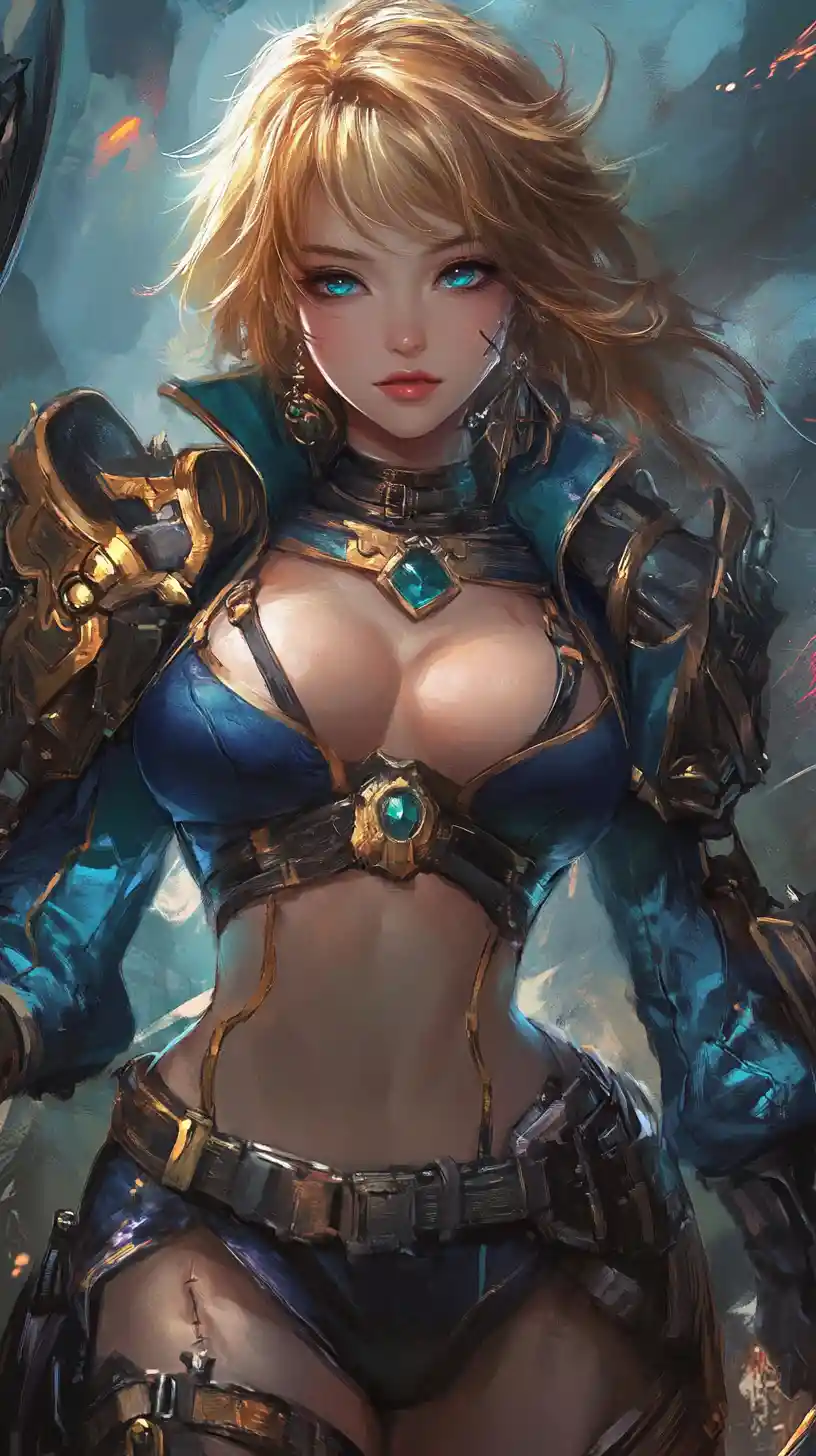 Ver Narbte Anime-Kriegerin mit blauer Rüstung und Tattoos