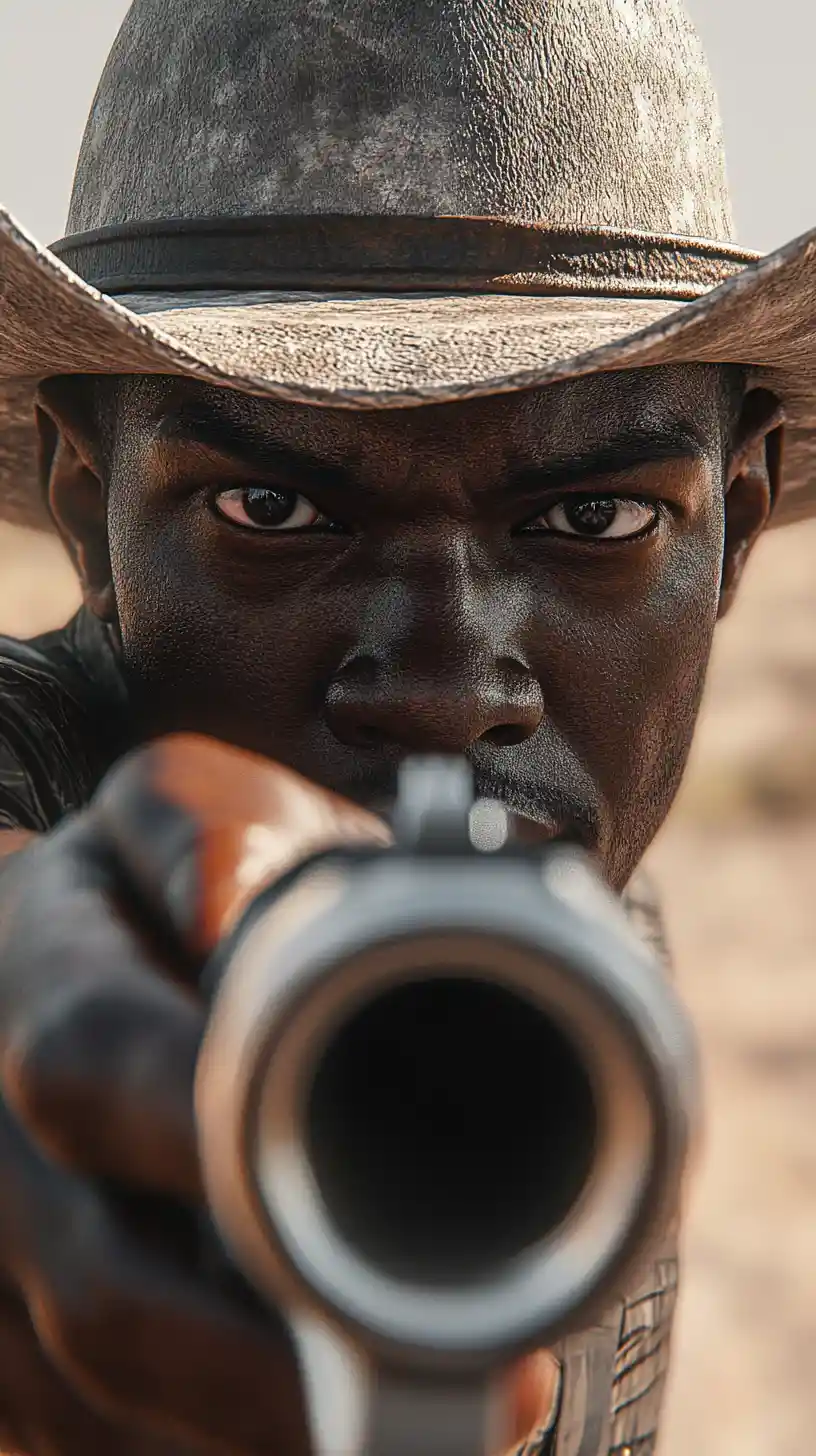 Vaquero afrofuturista apuntando con un revólver en el desierto en primer plano
