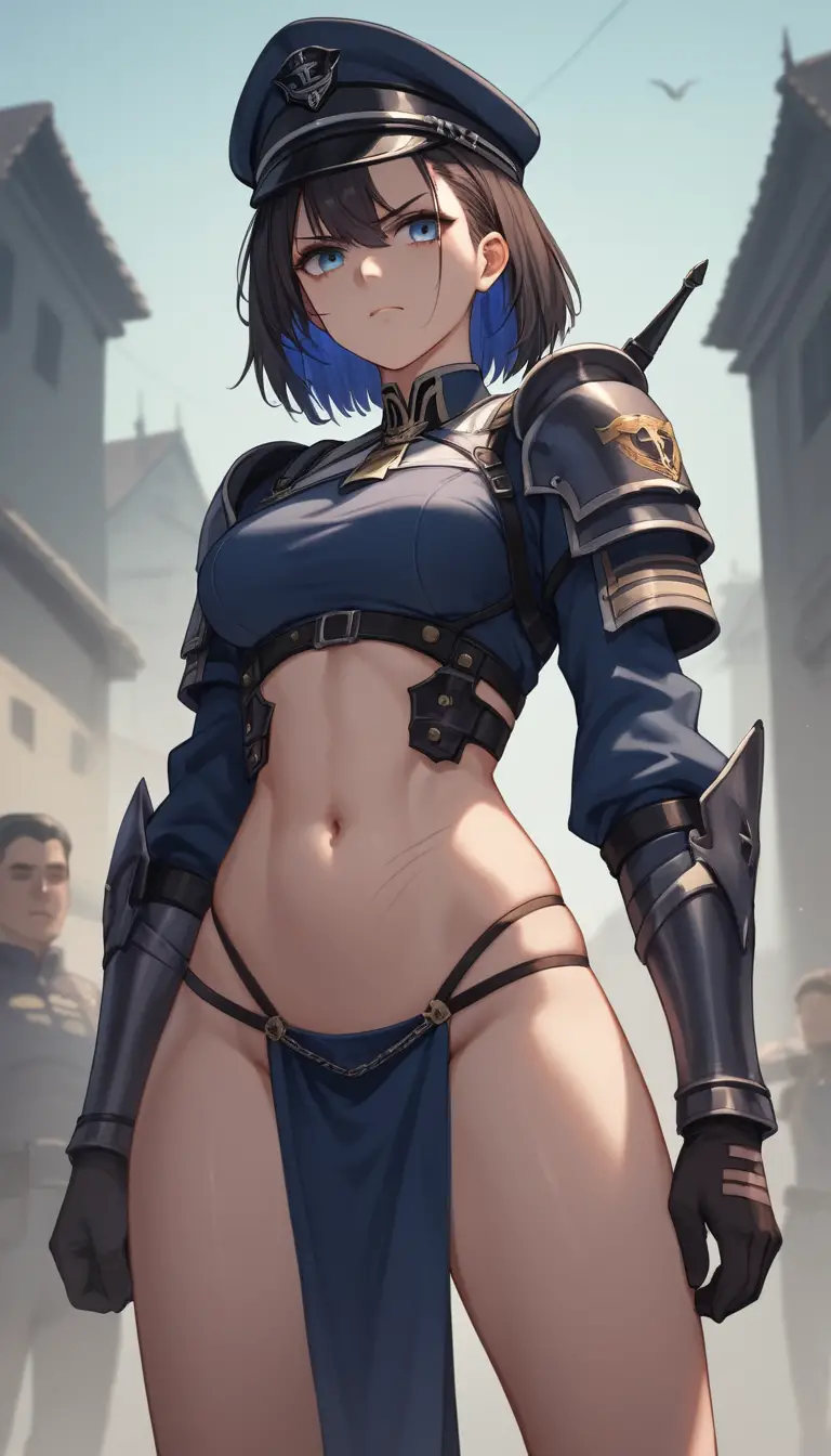 Anime woman in military outfit standing in public place