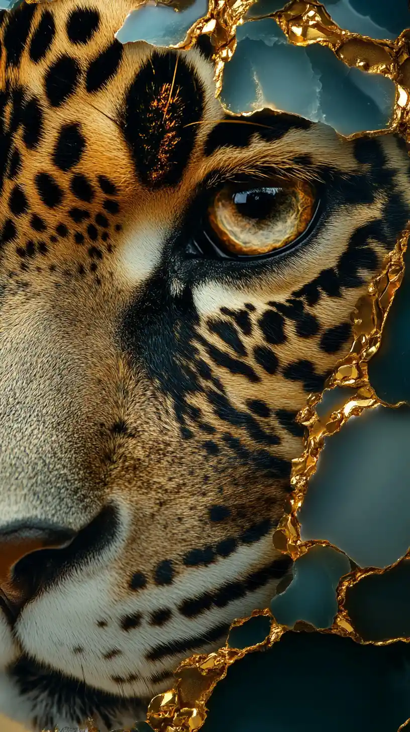 Extremes Nahaufnahme-Porträt eines Jaguars aus transluzenten Mineralien