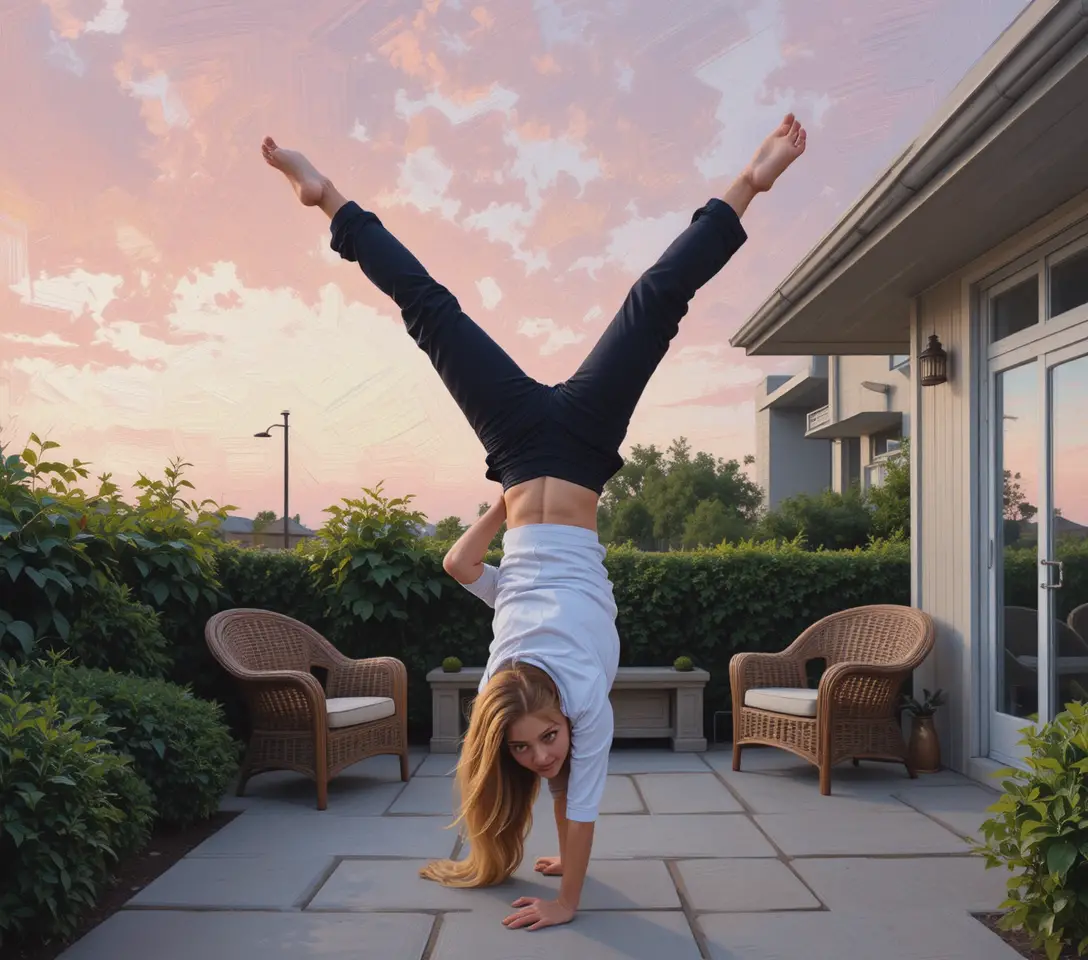 Young woman doing a handstand on a modern stone patio