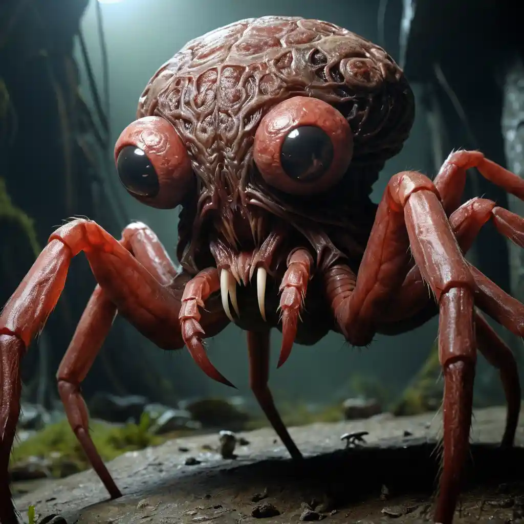 Grotesque brain spider monster looming in the foreground