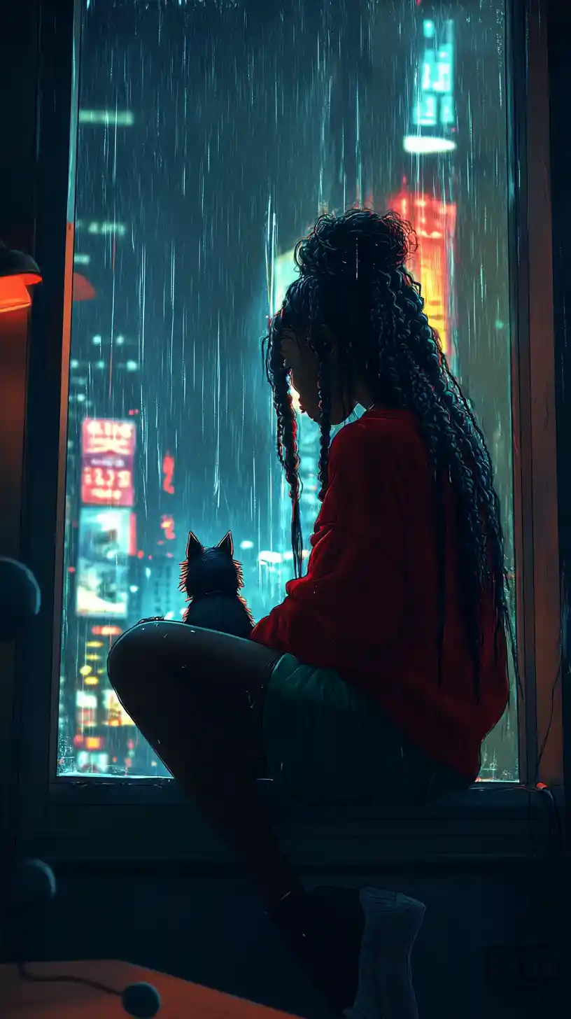 Donna afrofuturistica alla finestra con cane in una notte piovosa