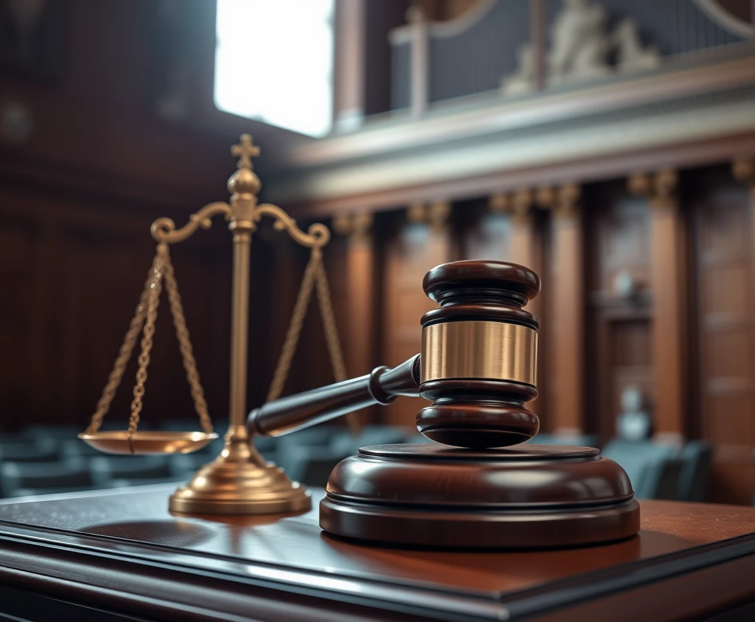 Gavel And Scales On Podium Under Dramatic Spotlight