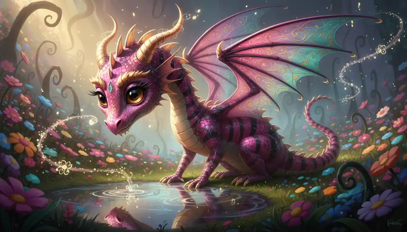 Baby dragon gazing into a magical reflective puddle