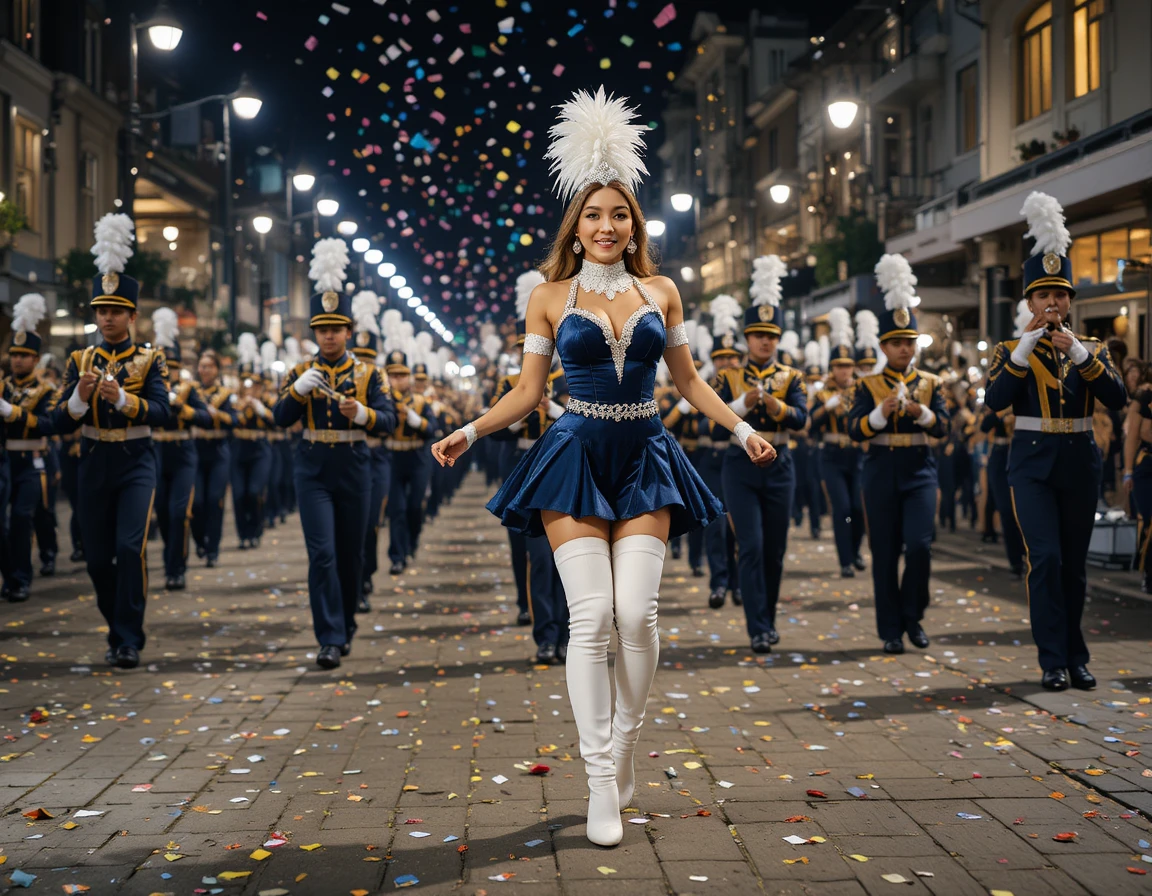 Woman leading a lively night parade in city street