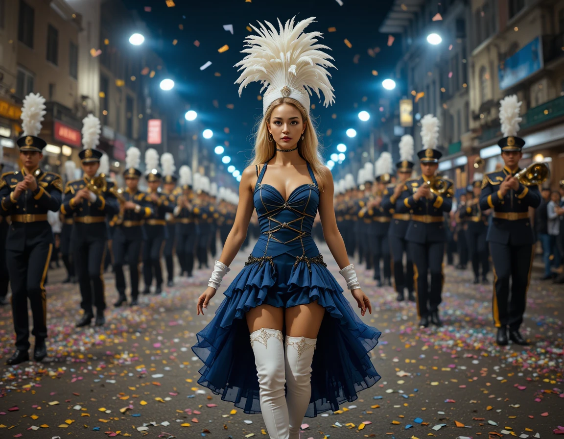 Femme menant un spectacle animé lors d’un défilé de rue nocturne