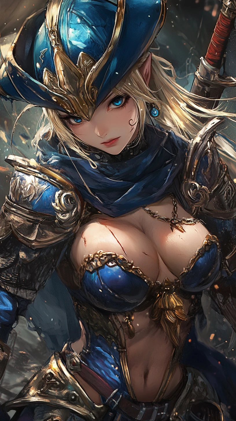 Close up of scarred anime warrior woman in blue armor