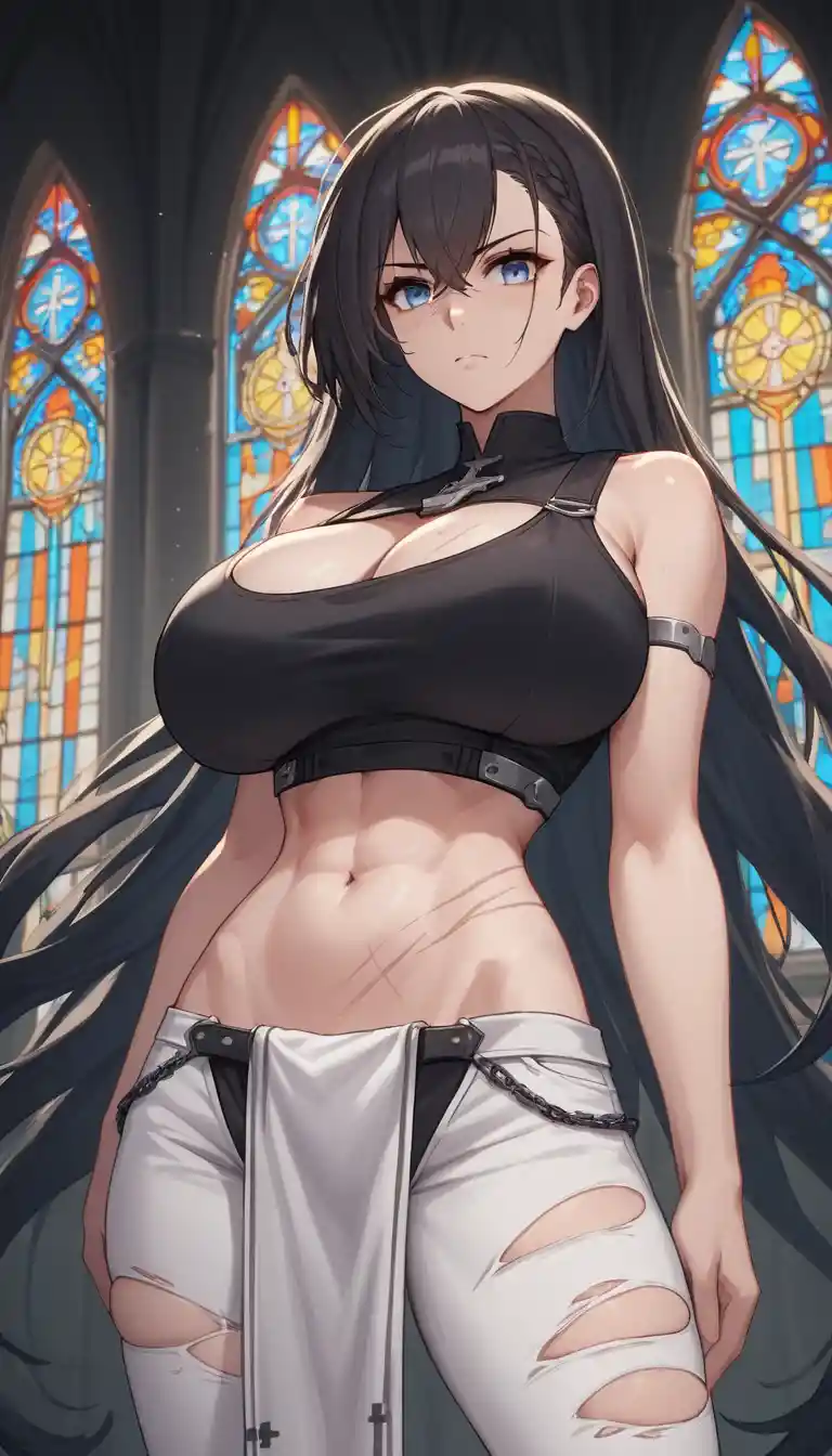 Defiant anime woman standing in a church interior