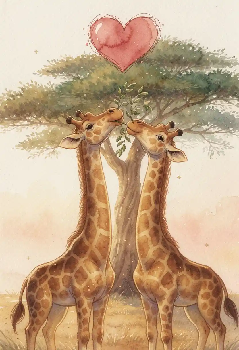 Two Loving Giraffes Under An Acacia Tree With Pink Heart