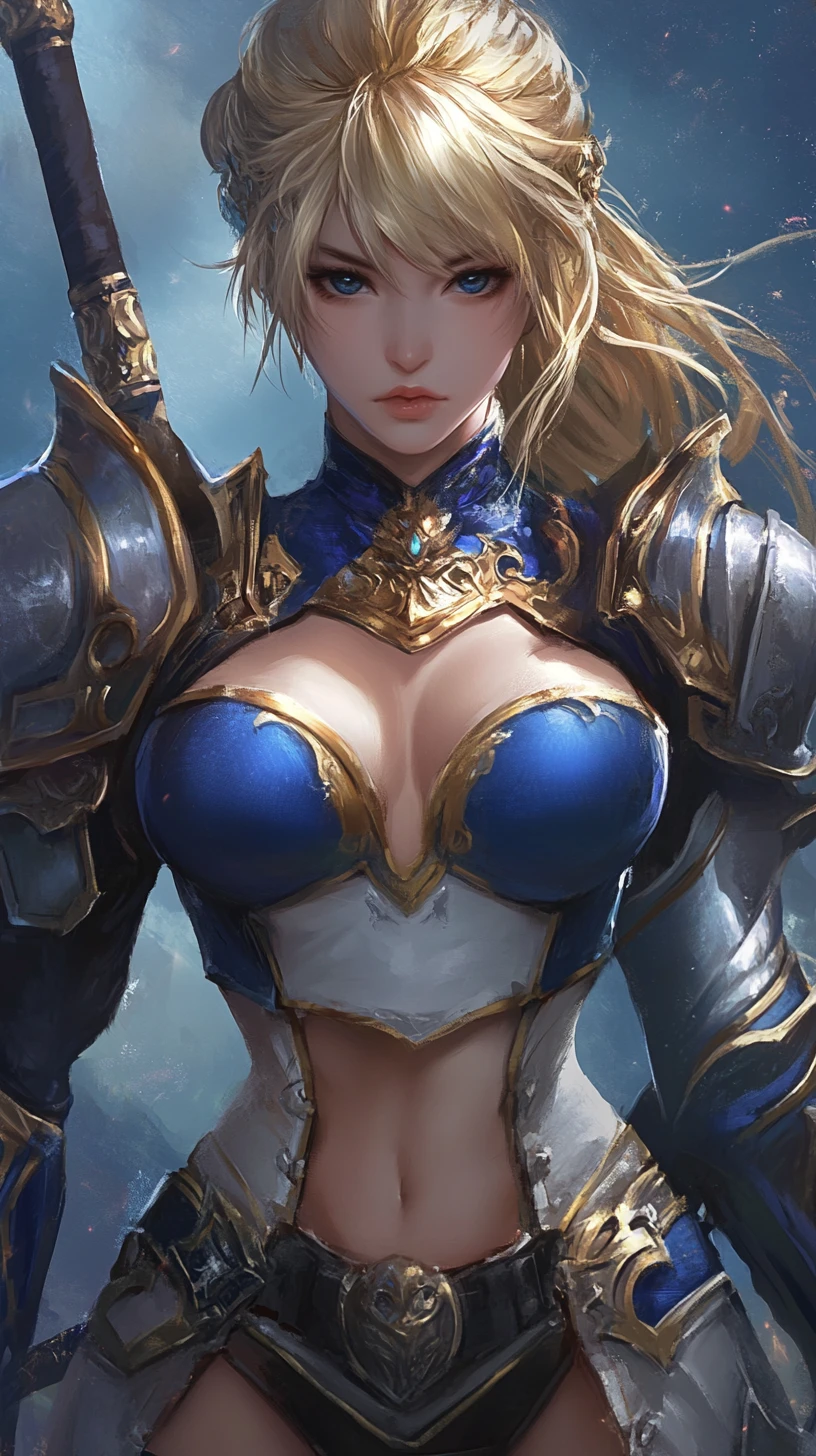 Guerrera de anime con cicatrices, tatuajes y armadura azul