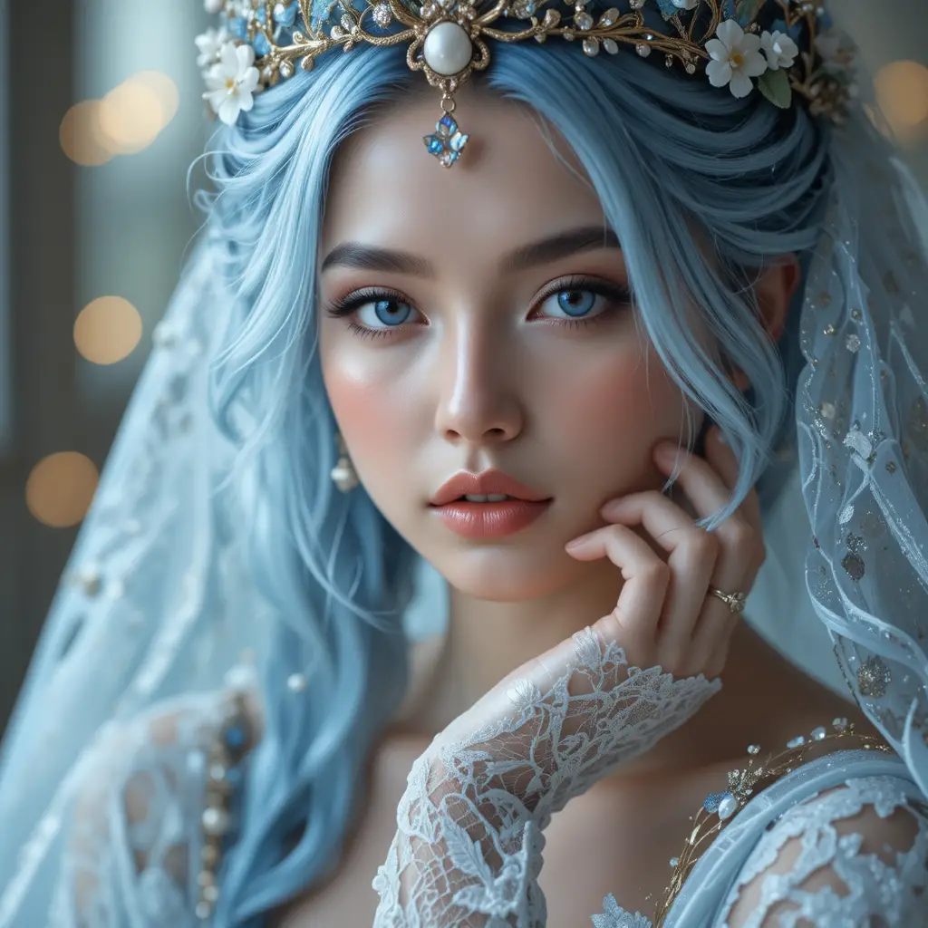 Femme de fantasy éthérée aux tresses bleu glace et à la tiare