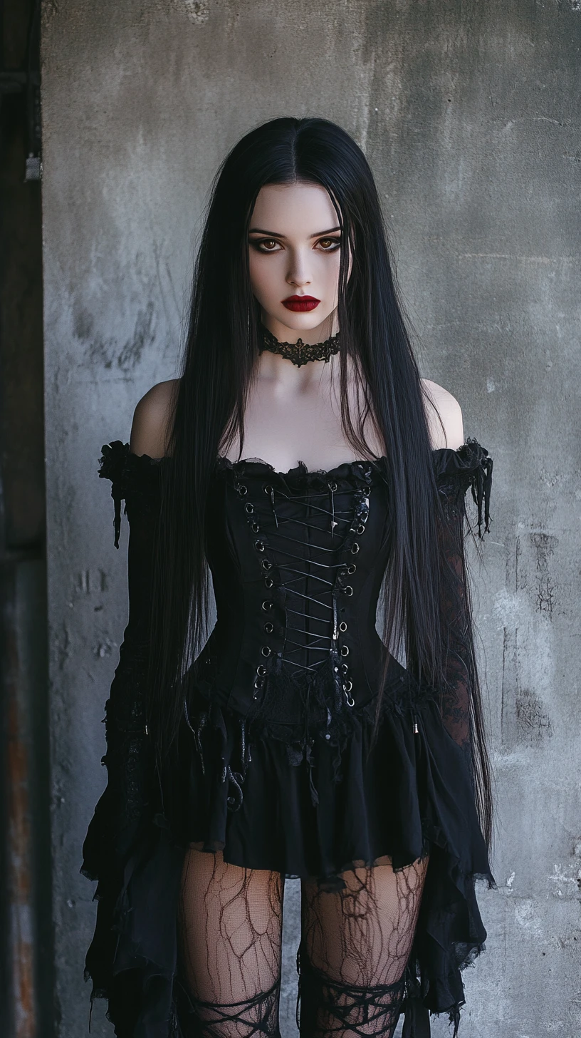 Gothic fashion woman in black dress in urban alley