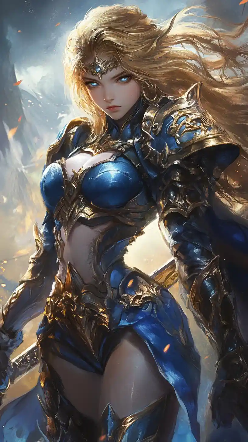 Close up anime warrior woman with tattoos and armor