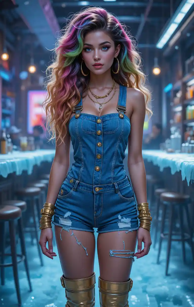 Lifelike 3D woman with rainbow hair in ice bar