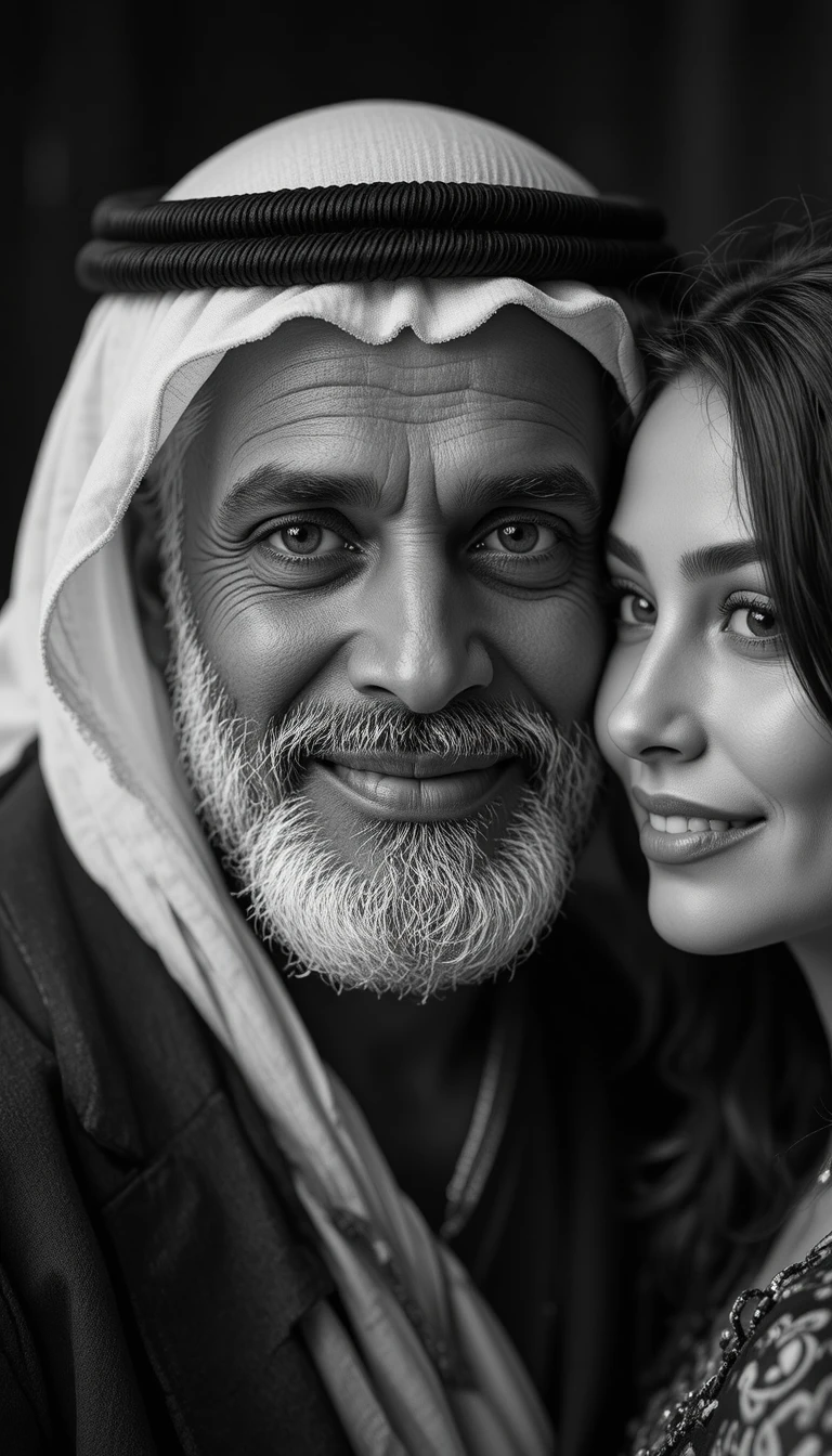 Elderly Arab man smiling as a woman embraces him