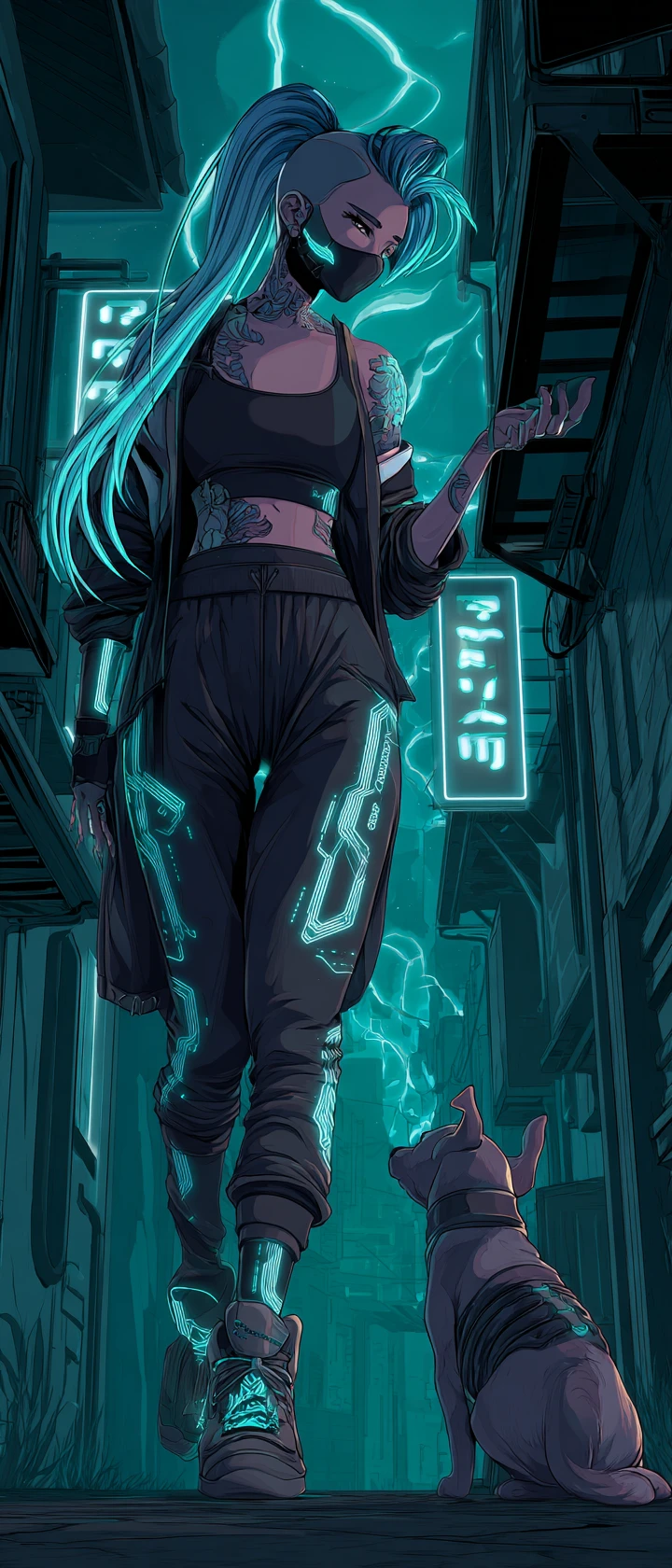 Masked rebel woman reaching for a stray cyber dog