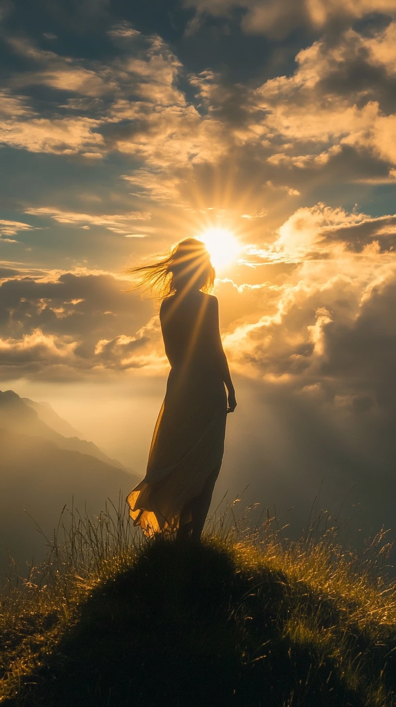 Woman on a grassy ridge under radiant golden hour sky