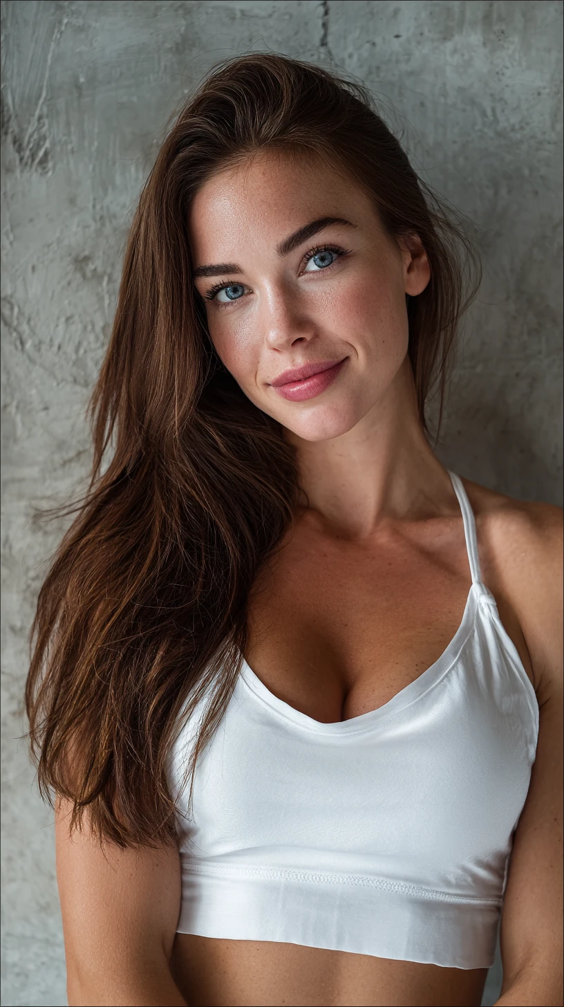 Strong brunette woman in white silk top against concrete wall