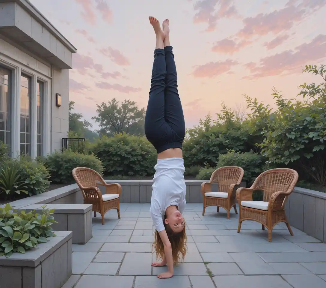 Young woman doing a handstand on a quiet stone patio